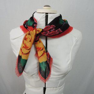 4/$25 Square Scarf 100% Wool Black w/Roses Red Yellow Pink Flowers Made in Italy